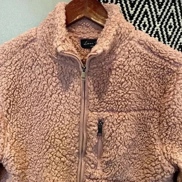 LOVE TREE PINK TEDDY CROP ZIP UP JACKET M - Picture 3 of 6